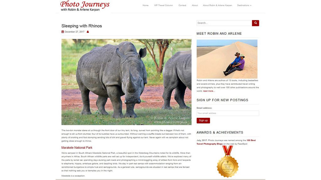 Sleeping with Rhinos blog posting by Robin and Arlene Karpan, Photojourneys.ca