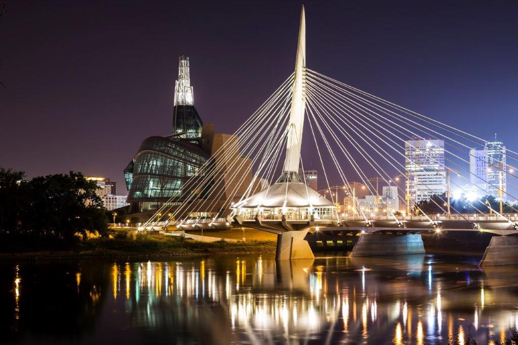 The CMHR across the Red River, beside Esplanade Riel.