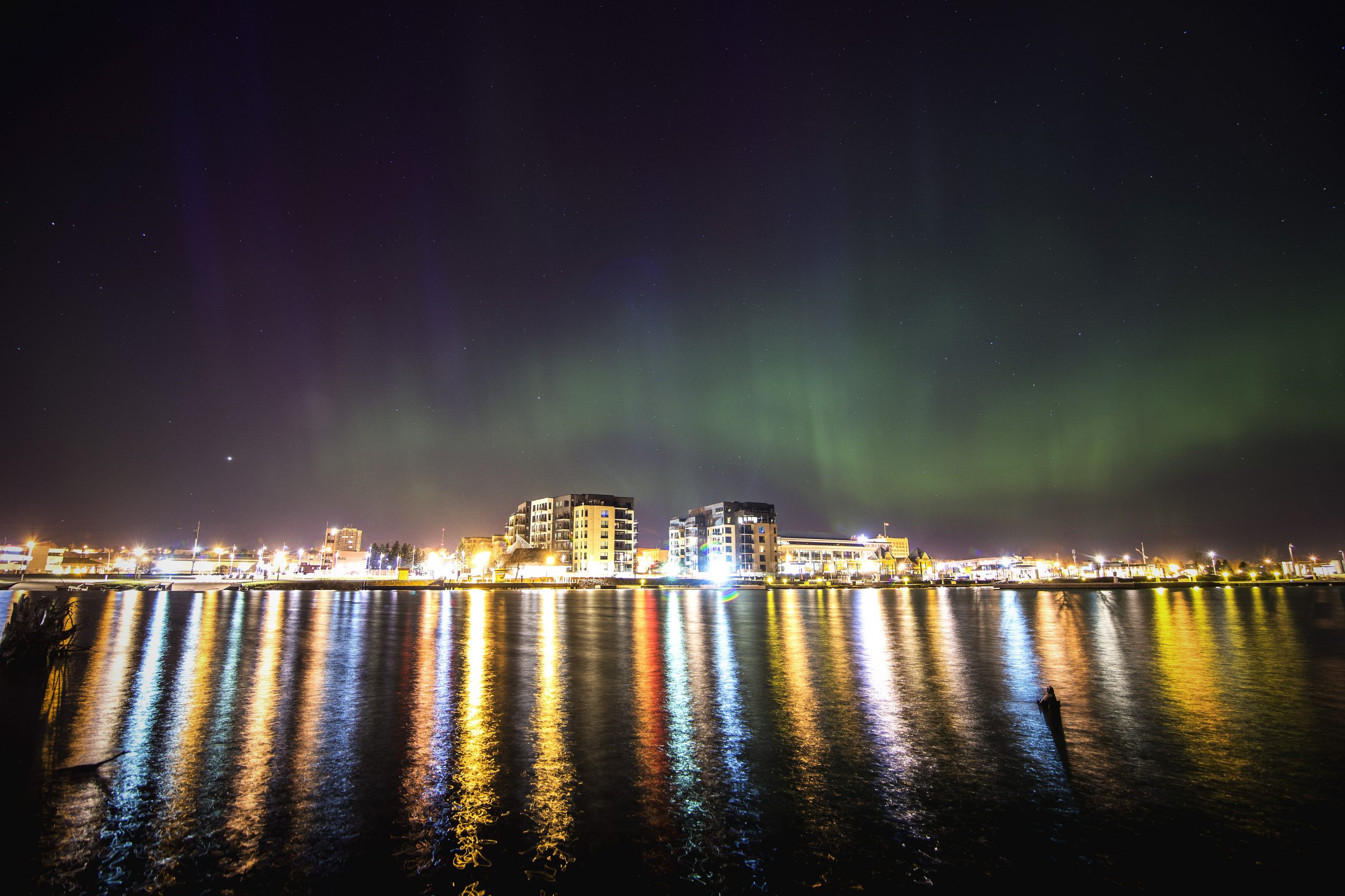 Thunder Bay downtown, with Northern Lights above