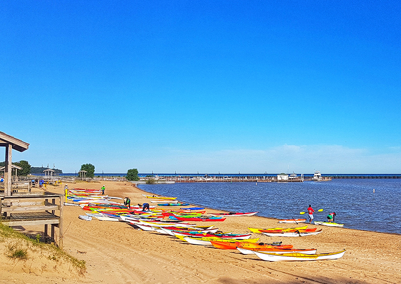 Kayaks on lake in Port Austin