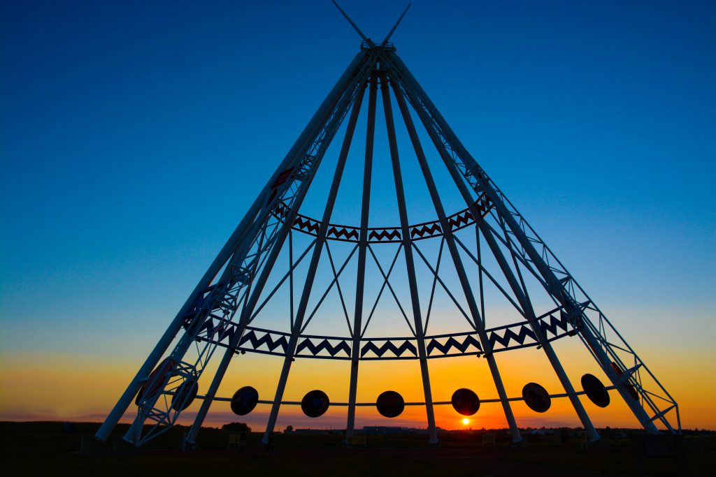 An image of the Saamis Tepee at sunset in Medicine Hat, Alberta, Canada.
